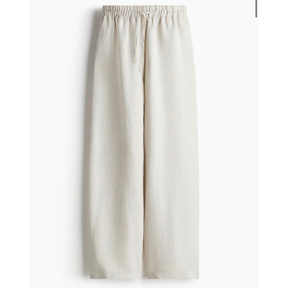 H&M Beige Linen Blend Wide Leg Pull On Pants Coastal Minimalist Small Coastal